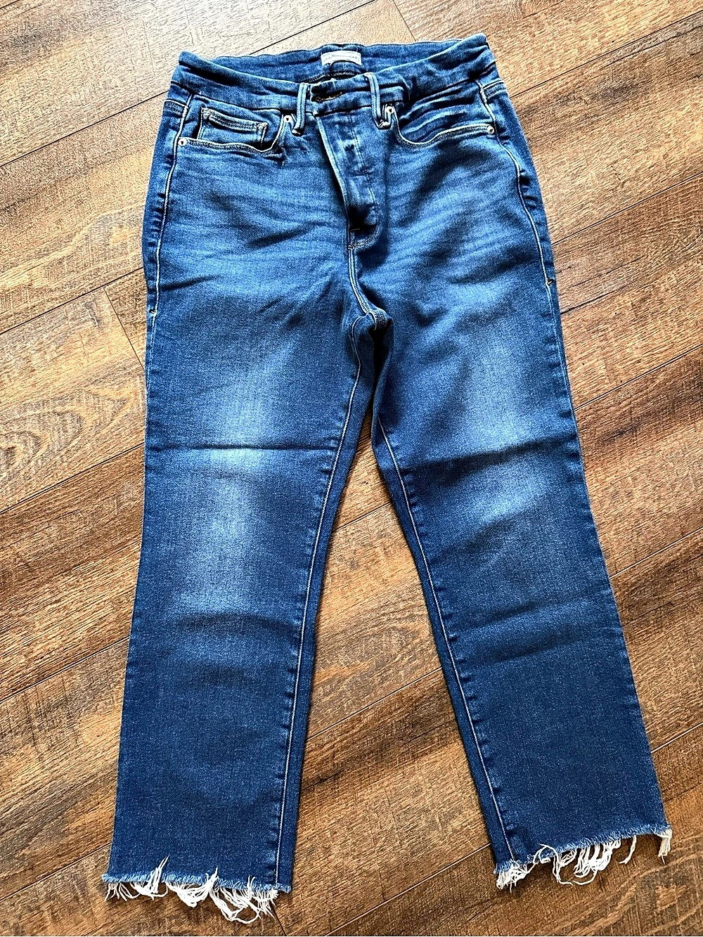 Good American Good Waist Crop Raw Edge Hem Skinny Jeans in Blue